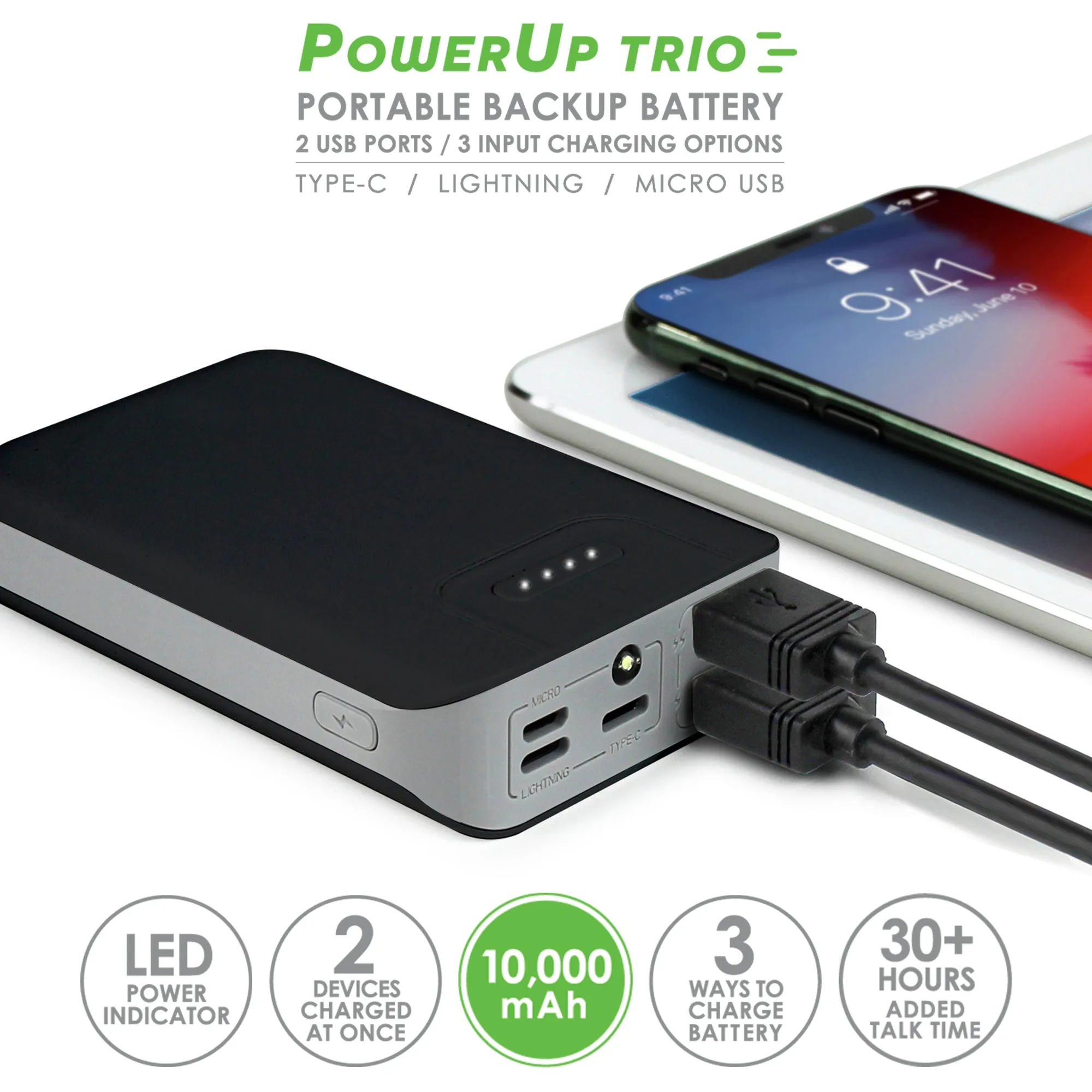 Aduro PowerUp Trio 10,000 mAh SmartCharge Dual USB Backup Battery