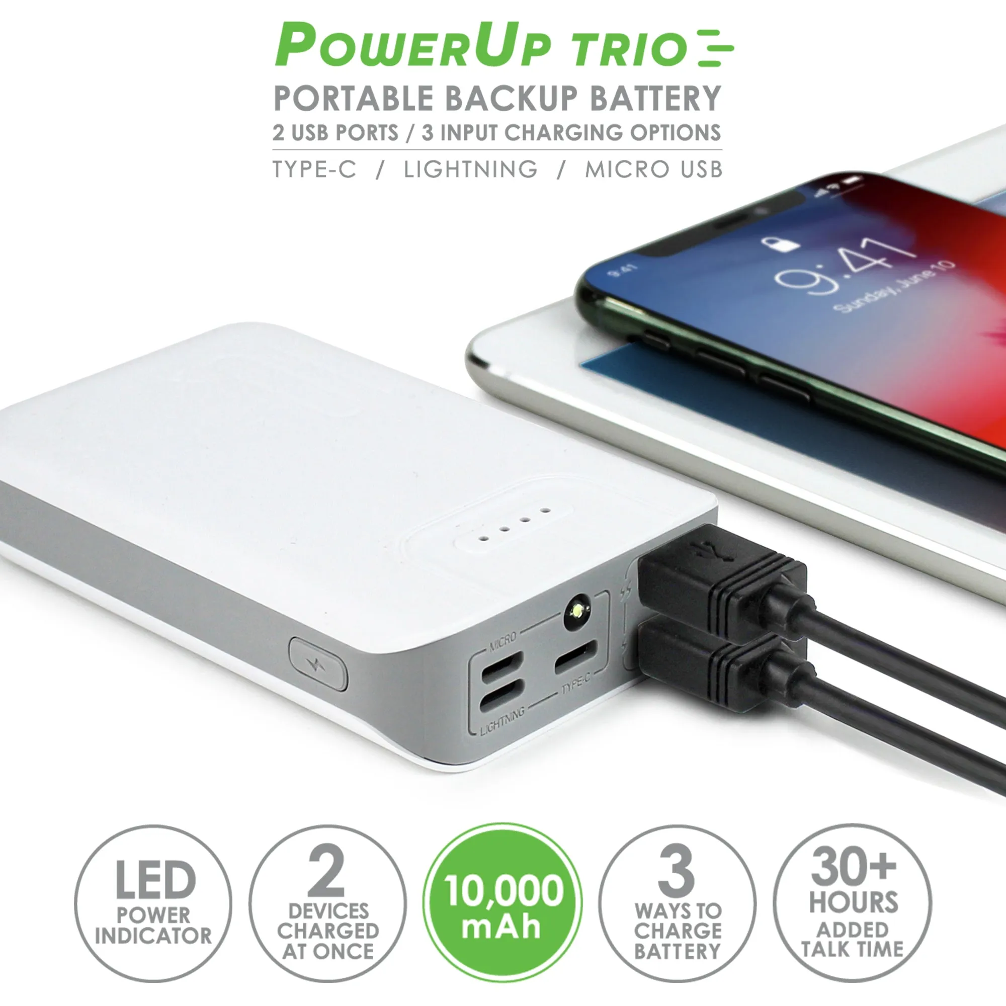 Aduro PowerUp Trio 10,000 mAh SmartCharge Dual USB Backup Battery