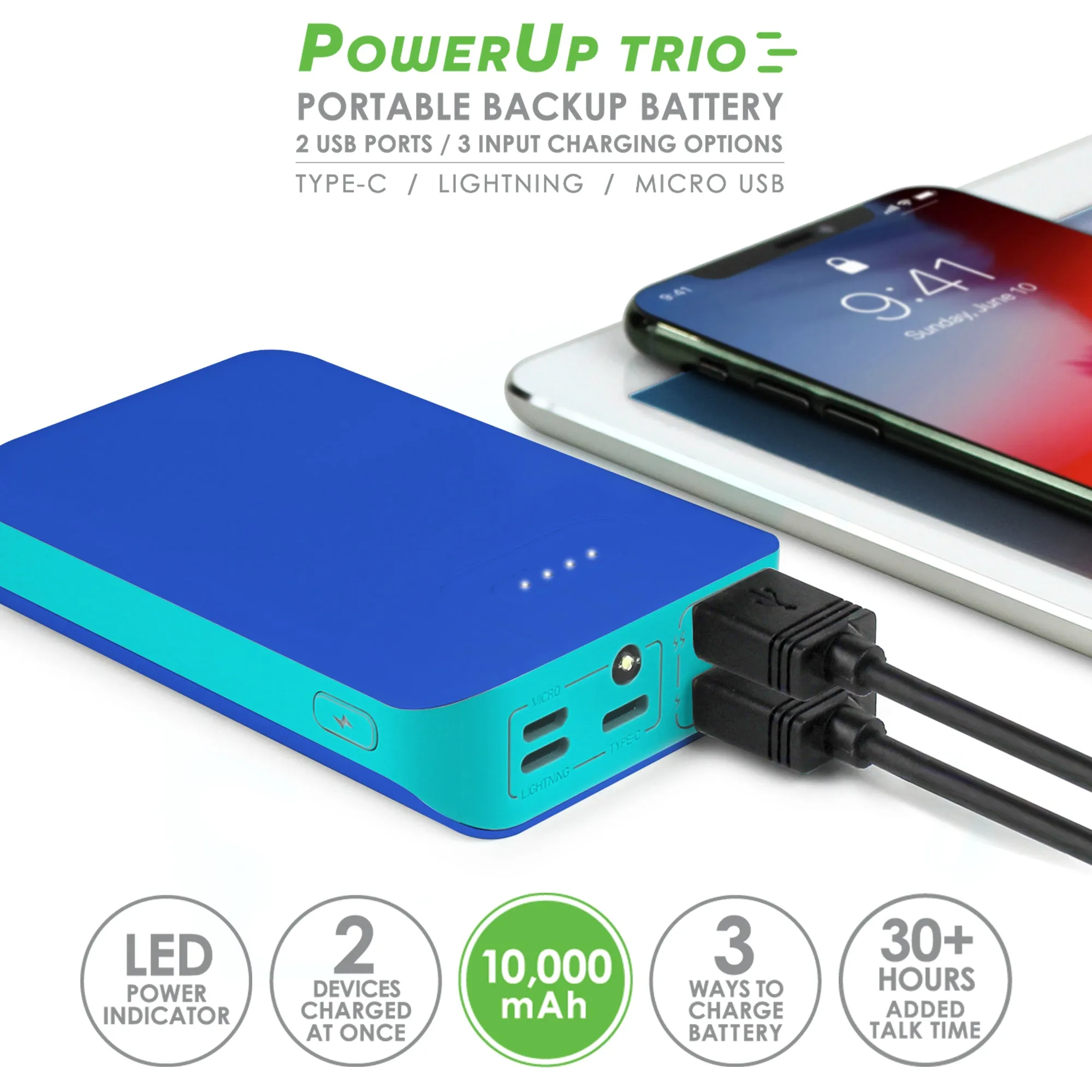 Aduro PowerUp Trio 10,000 mAh SmartCharge Dual USB Backup Battery