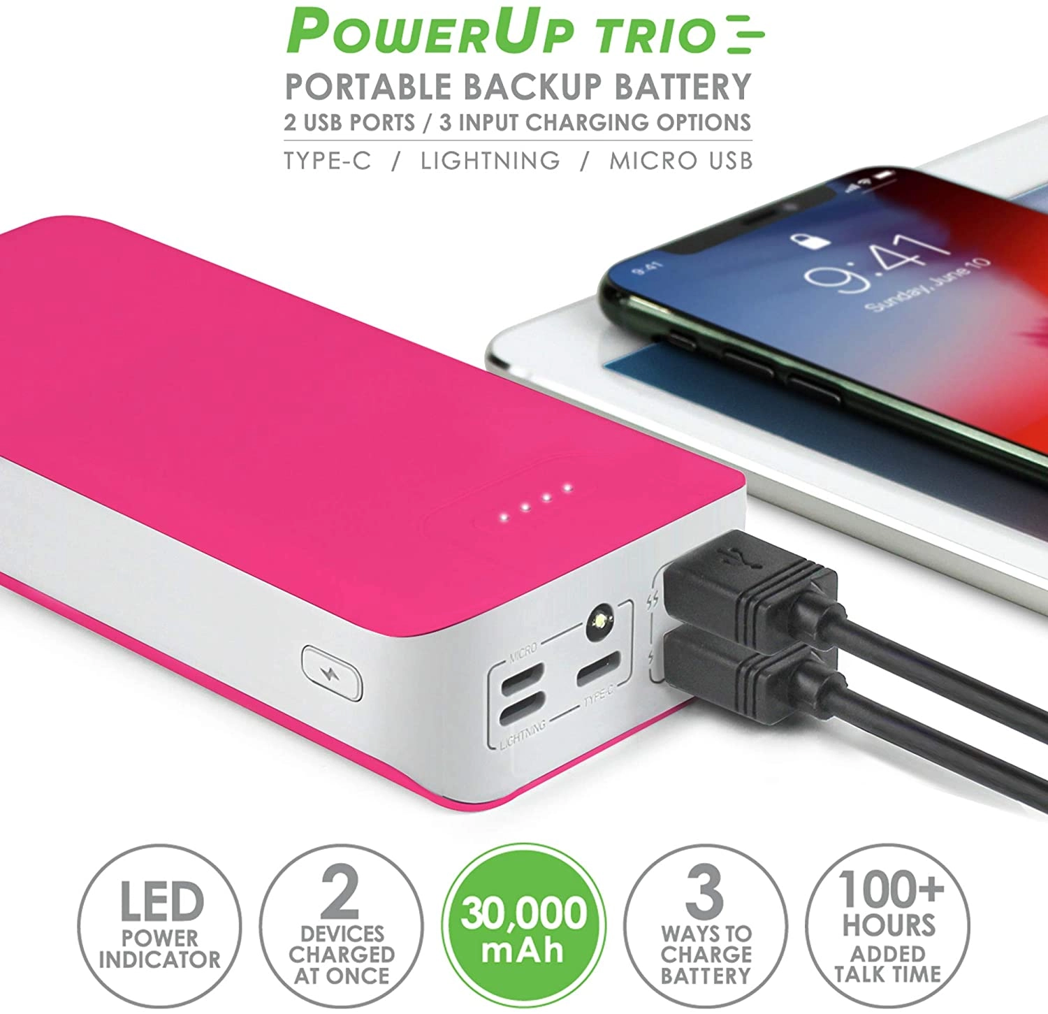 Aduro PowerUp Trio 30,000 mAh SmartCharge Dual USB Backup Battery