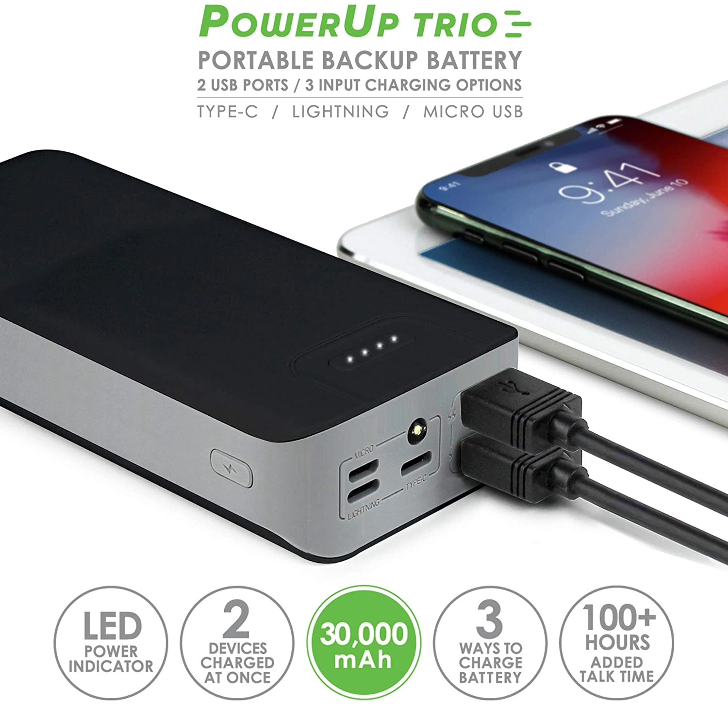 Aduro PowerUp Trio 30,000 mAh SmartCharge Dual USB Backup Battery