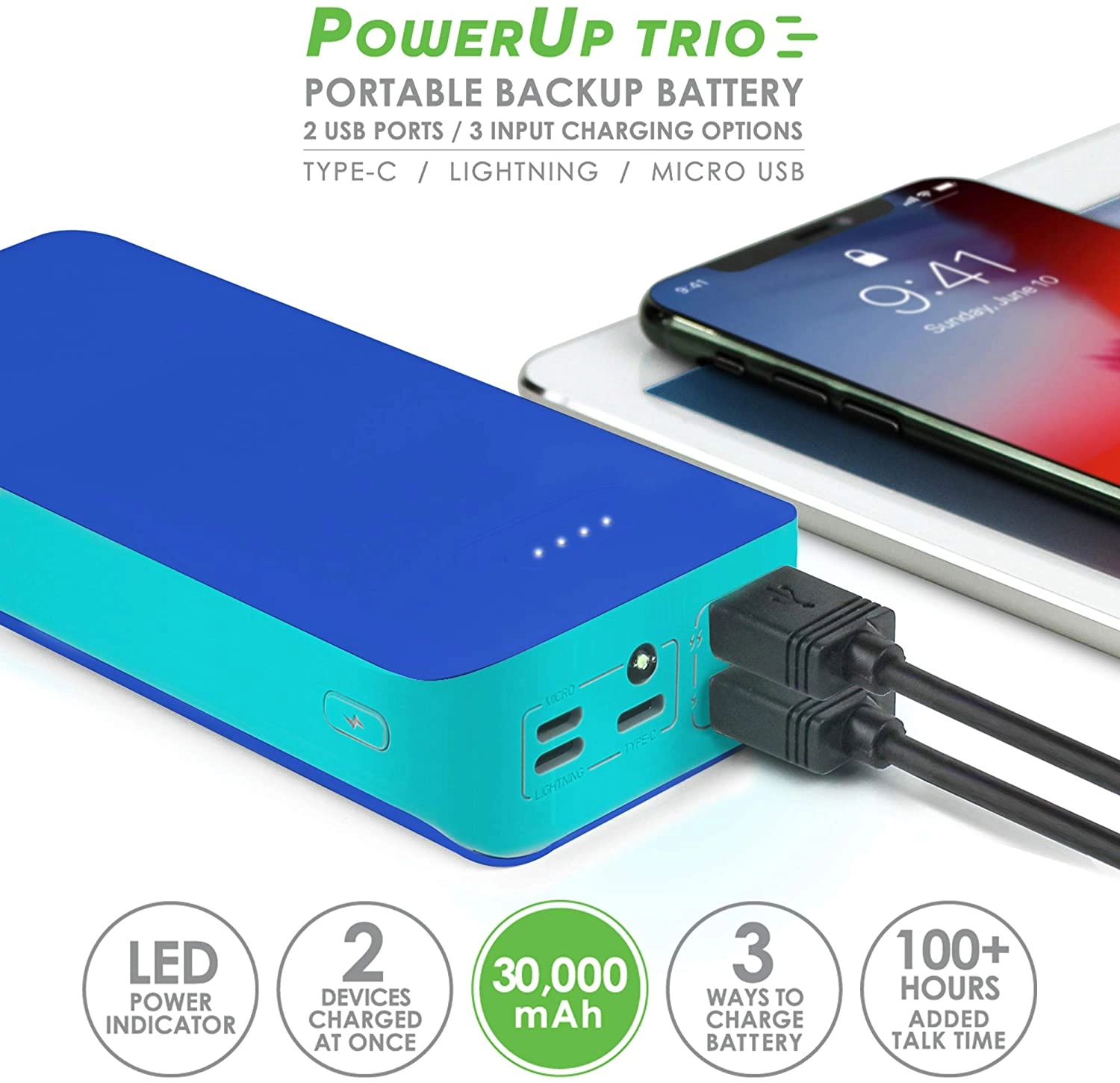 Aduro PowerUp Trio 30,000 mAh SmartCharge Dual USB Backup Battery