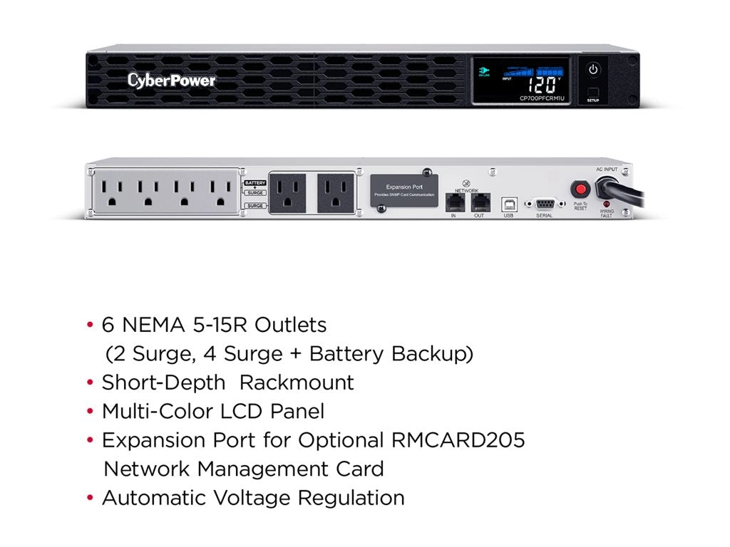 CyberPower PFC Sinewave Series CP700PFCRM1U - UPS (rack-mountable) - AC 120 V - 400 Watt - 700 VA - 8 Ah - USB, serial - output