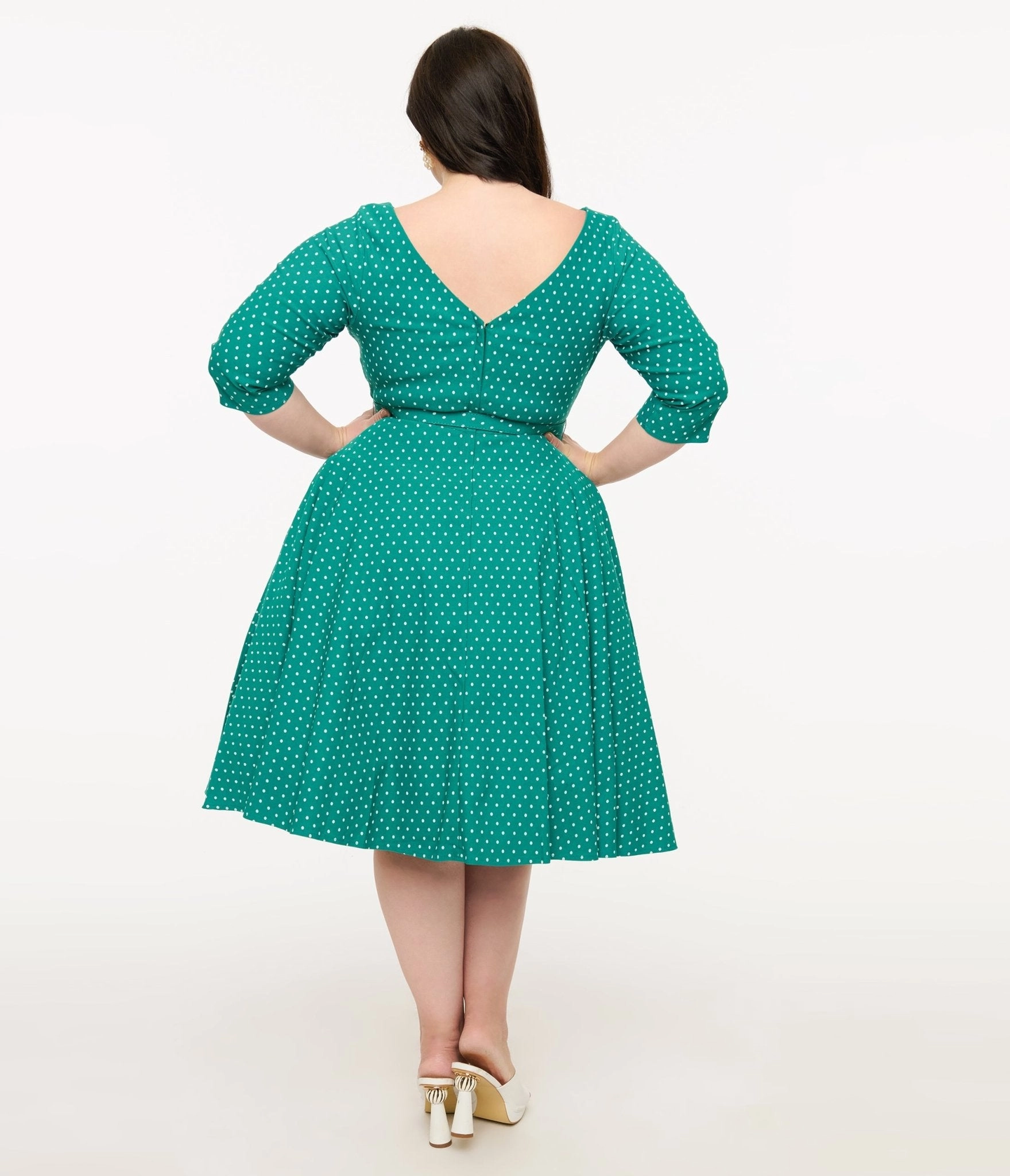 Unique Vintage Plus Size Teal & White Pin Dot Devon Swing Dress