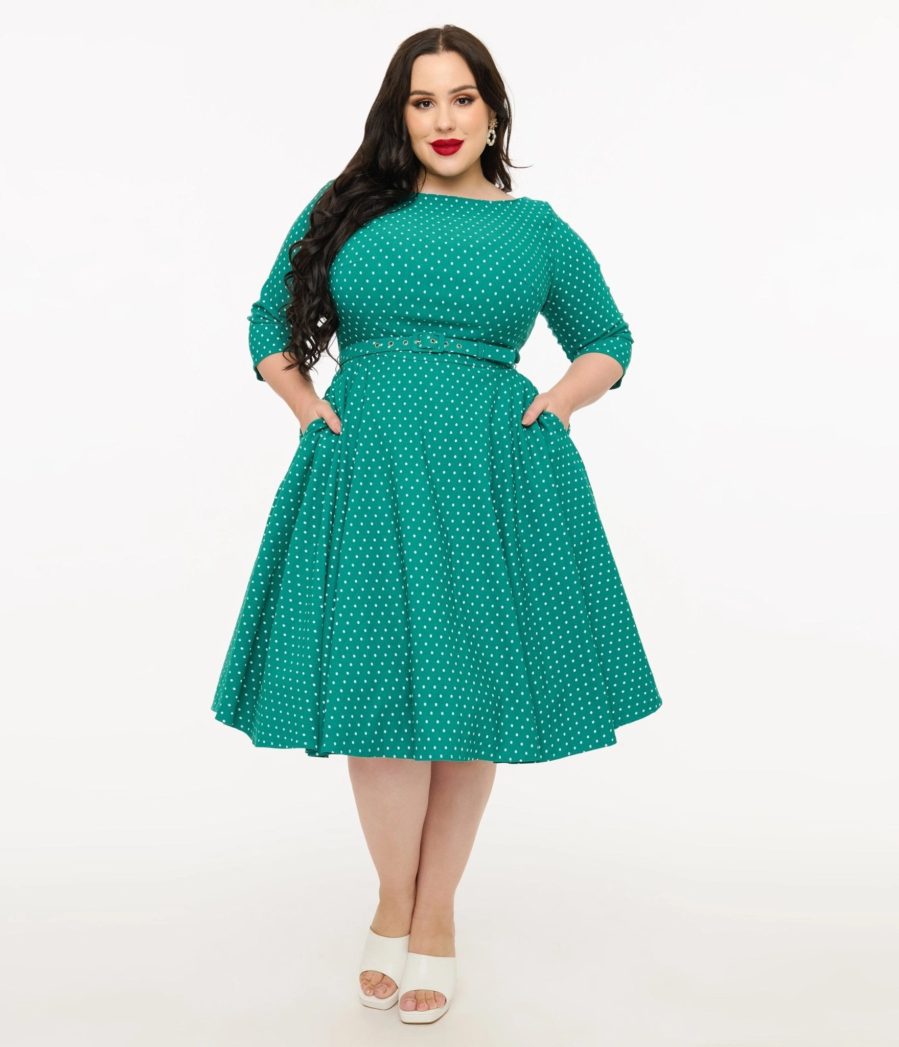 Unique Vintage Plus Size Teal & White Pin Dot Devon Swing Dress