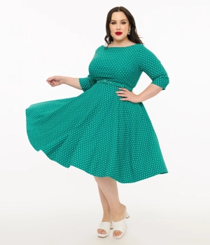 Unique Vintage Plus Size Teal & White Pin Dot Devon Swing Dress