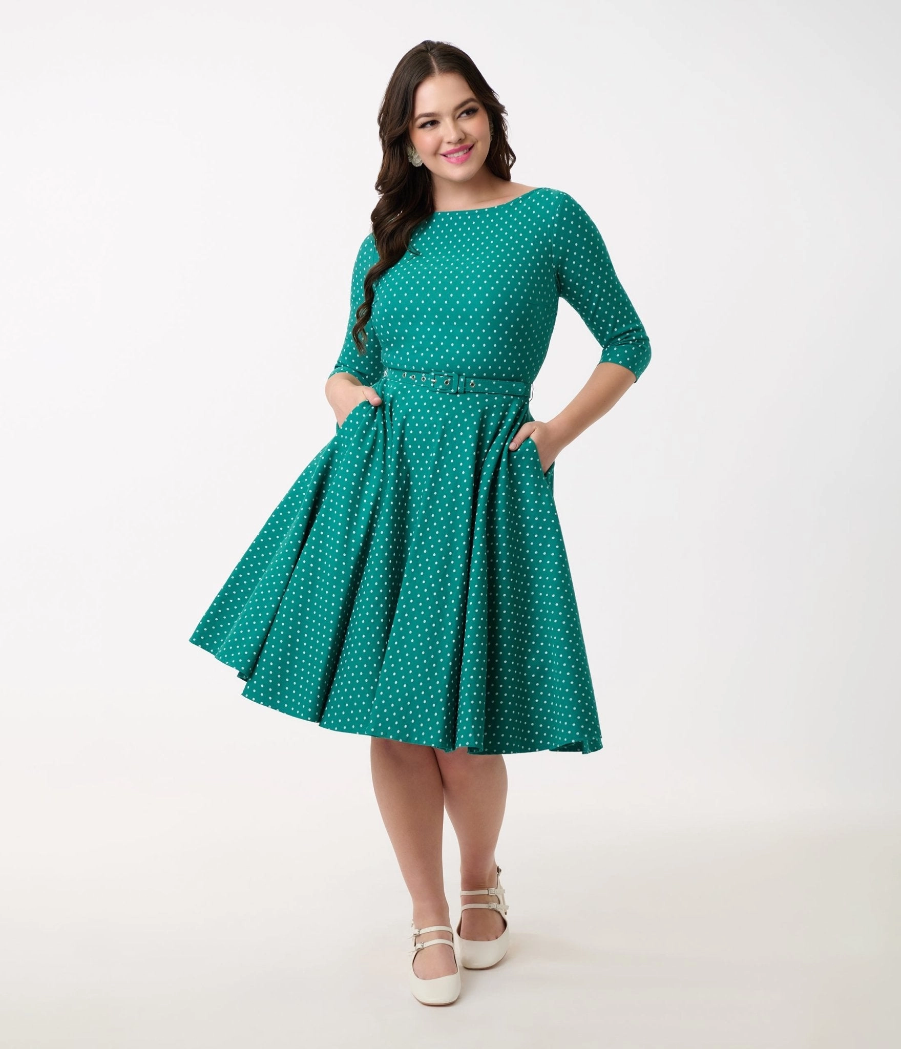 Unique Vintage Teal & White Pin Dot Devon Swing Dress