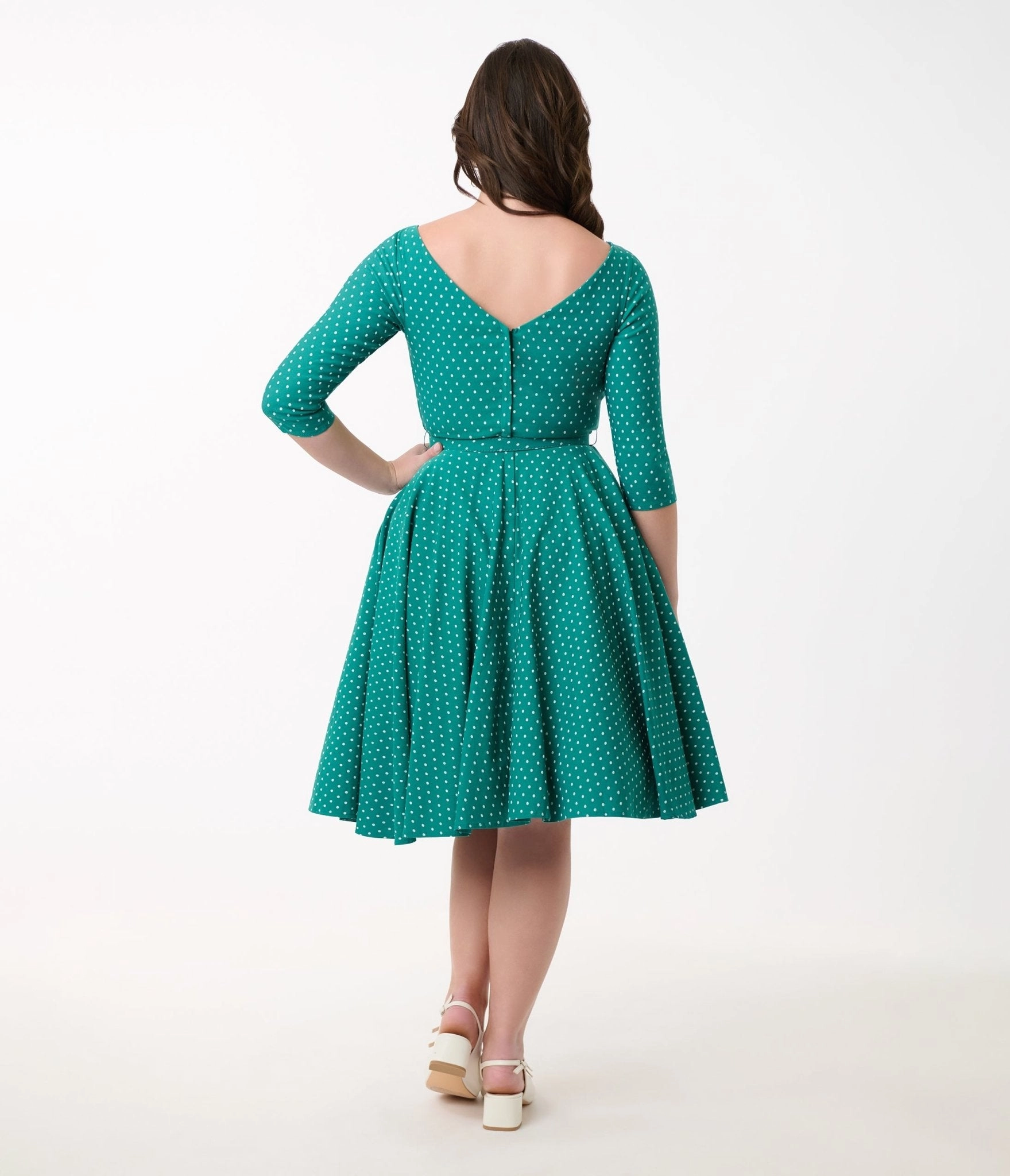 Unique Vintage Teal & White Pin Dot Devon Swing Dress